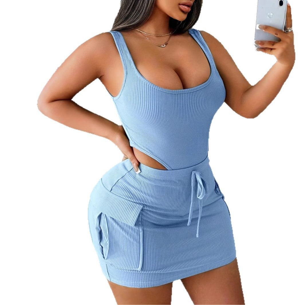 Super Elastic Twist Strip Jumpsuit Cargo Pocket Skirt Outfit